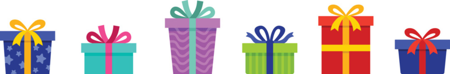 Set of colorful surprise gift boxes on cartoon flat style design with ribbon isolated on white background. Surprise event celebration and party