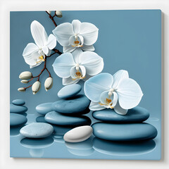 Fototapeta na wymiar branch of orchids with stone on blue background .ai generated