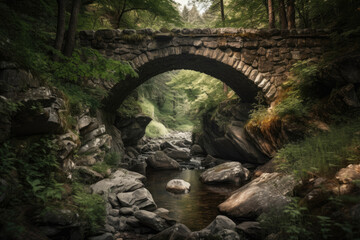 Old stone bridge with river and rocks underneath created with AI	