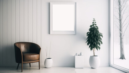 Mock up frame on white wall in stylish living room. Generative AI