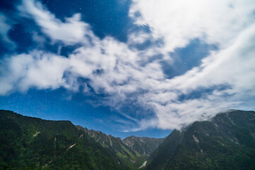 夜の上高地　雲の切れ間から見える星空と穂高連峰【長野県・松本市】　
Night sky of Kamikōchi - Mt.Hotaka, Nagano, Japan