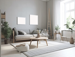 Comfy scandinavian interior living room design with furniture and decorations. Generative AI