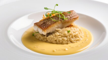 Filetto di Branzino con Salsa alle Noci and Risotto Milanese