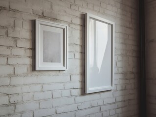 A white picture frame hanging on a wall, with a blank space where the artwork would be displayed