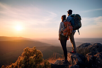 A pair of man and woman friends standing on top of a mountain together on a hike with backpacks in the sunset sunlight, a view of the beautiful scenery from above, a family hike. Generative AI.