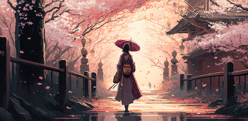 A japanese cherry blossom seasons scene in anime movie atmosphere. A girl in kimono walking through an arch of full blossom cherry blossoms. Generative AI based. - obrazy, fototapety, plakaty