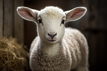 Obraz premium portrait of a young sheep in the barn. Generative AI