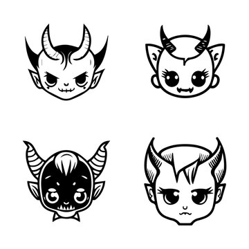 cute anime devil head collection set hand drawn line art illustration