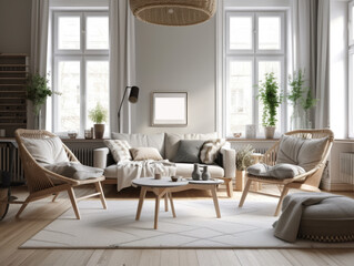 Fototapeta na wymiar Beautiful furnished scandinavian living room interior with morning light. Generative AI