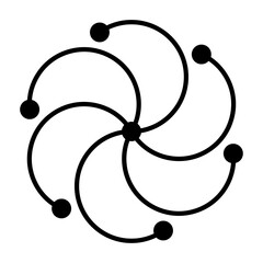 Sun symbol, made of six arches and seven dots. Six semi-circles, arranged around a center, resulting in a triskelion-shaped sign of the sun with the sunrays, used since ancient times. Vector.