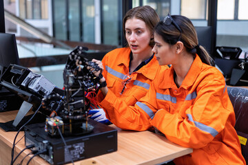 Girl engineer doing robot project testing cyborg hand control signal as high technology innovation