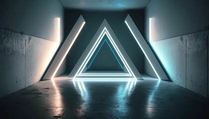 Futuristic Sci Fi Triangle White Neon Tube Lights Glowing In Concrete Floor Room With Reflections. Generative AI