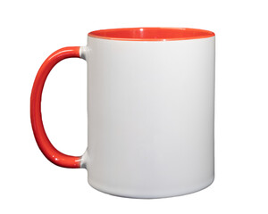 White ceramic cylindrical mug cup with red handle close-up isolated on a transparent background...