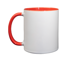 White ceramic cylindrical mug cup with red handle close-up isolated on a transparent background clean for layout and design, inscriptions and pictures.