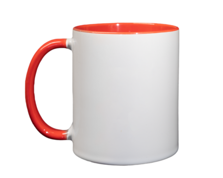 White ceramic cylindrical mug cup with red handle close-up isolated on a transparent background clean for layout and design, inscriptions and pictures.