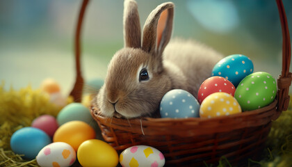 Fototapeta na wymiar Easter bunny with easter eggs, Generative AI