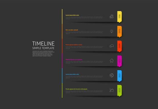 Simple minimalistic vertical timeline template on dark gray paper blocks with shadows