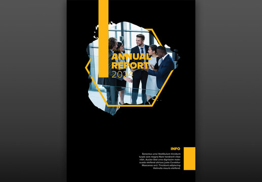 Dark annual report front cover page template with photo in brush hexagon frame and yellow accent