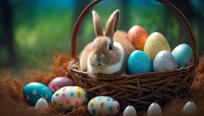 Fototapeta na wymiar Easter bunny with easter eggs, Generative AI