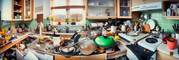 generative ai illustration of kitchen cluttered with dirty dishes