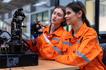 Girl engineer doing robot project testing cyborg hand control signal as high technology innovation