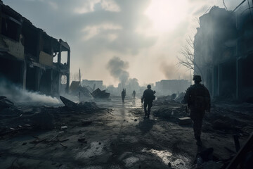 Soldiers in walking through destroyed city created with AI	