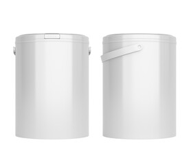 Front and side views of white, blank 1l plastic paint can / bucket / container with handle, with no label, image without background.	 
