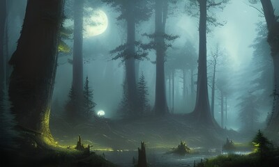 spooky halloween night, misty forest with the moon