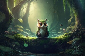 Fantasy forest with magical animal. Generative AI