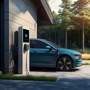 Car at standalone electric vehicle charging station. E-mobility, electric car charging battery created with Generative AI technology 