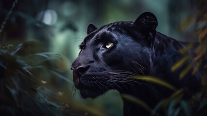 Naklejka na ściany i meble Panther in the jungle, 4k wallpaper - black panther, leopard, generative ai