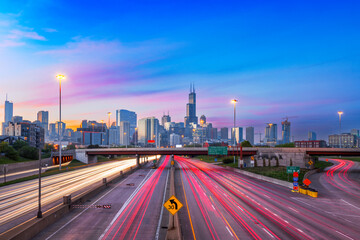 Chicago, Illinois, USA Downtown Skyline over Highways