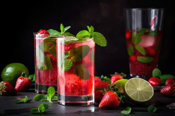 Cocktail with strawberry, lime and mint created with AI