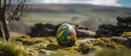 Easter Egg with Yorkshire Dales backdrop. Generative AI.