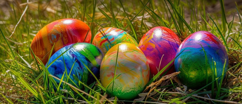 Cheerful Easter eggs in the grass. Generative AI.