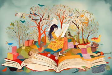 Asian girl reading a book on a stack of books in a colorful forest with colorful animals. Happy World Book Day concept illustration. Generative AI.