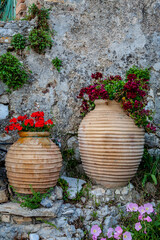 Fototapeta na wymiar flowers in old pots on the street