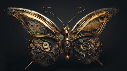 Goldener Schmetterling mit vielen Details, Mechanisch gearbeitet als Drohnen Model , technische Errungenschaften weiterentwickelte Technologie, generiert mit KI - obrazy, fototapety, plakaty