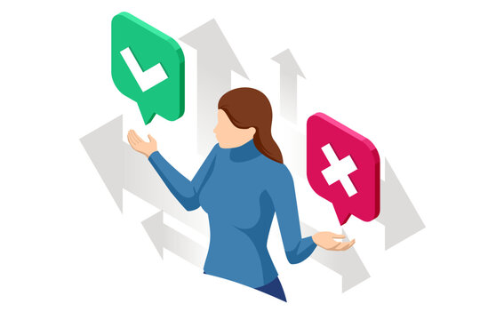 Isometric Green Check Mark and Red Cross. Woman and Symbols YES and NO Button for Vote, Decision, Web