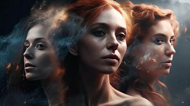 Cosmic Women - A Trio of Enchanting Faces Embracing the Universe for Your Spiritual and Mystical Projects
