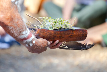 Human hands hold wooden dish with Australian plant branches, the smoke ritual rite at a indigenous...