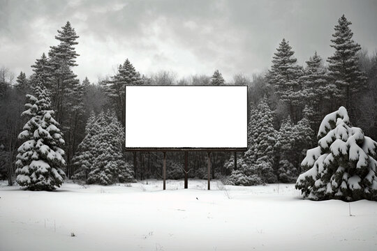  Blank billboard transparent mock up, png. Snow-Covered Forest In Winter. Generative AI