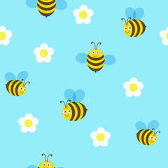 Bees and flowers seamless pattern. Flat design. Vector illustration.