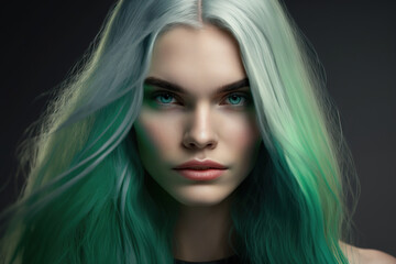 Girl with green hair and perfect makeup. Model with dyed hair. Green hair. generative AI