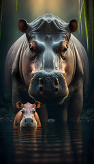 Hippopotamus and Baby Hippopotamus. Generative AI