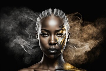 Young African American model with silver and gold makeup and body art on a black background with smoke. generative AI