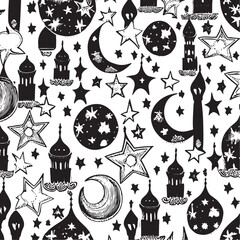 Eid mubarak elements in trendy psychedelic style seamless vector pattern
