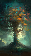 Fototapeta na wymiar A multi colored tree of life in a prehistoric meadow, AI Generative