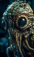 Realitic photo, cinematic, Front face portrait Beautiful Chimerical alien with big eyes, insanely detailed and intricate,  robotic Alien octopus :: Alien fish :: Cernunnos, AI Generative