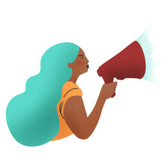 Ilustraci√≥n de mujer joven con meg√°fono rojo. Concepto de comunicar mensaje, anunciar, gritar, o comunicar; alerta de advertencia o cuidado, concepto de mensaje